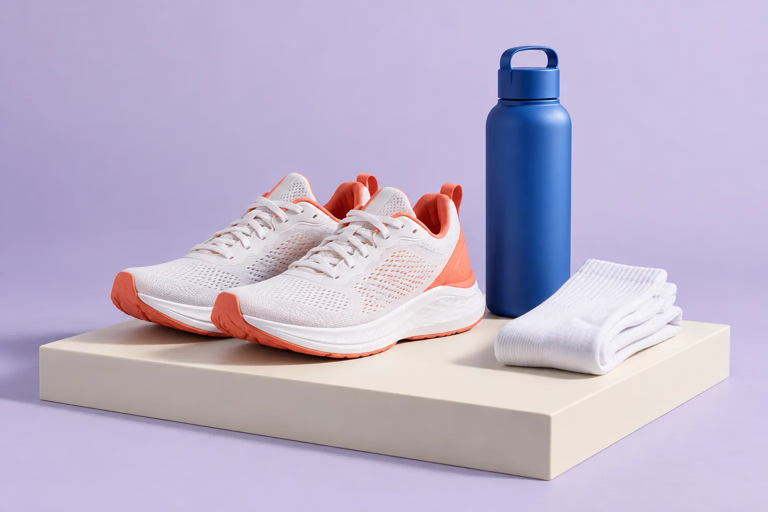 Illustrative scene: running shoes, socks, and a water bottle in a running kit.